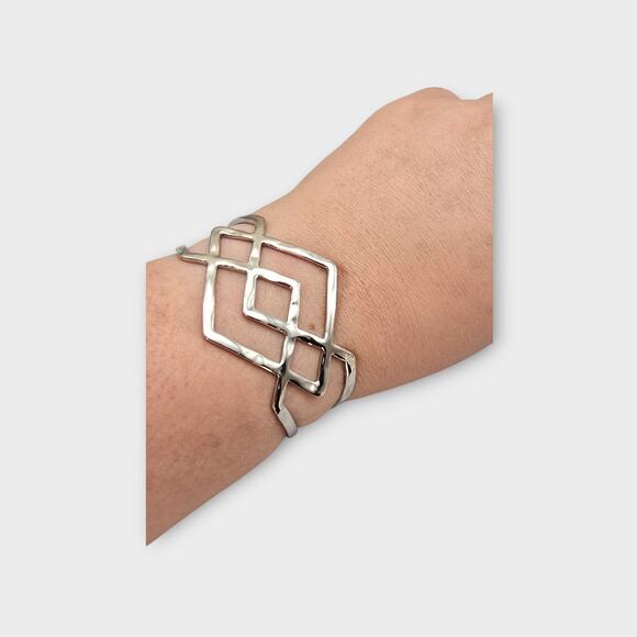 Silver Diamond Pattern Cuff – Southwestern Modernist Style Bracelet - Picture 1 of 10